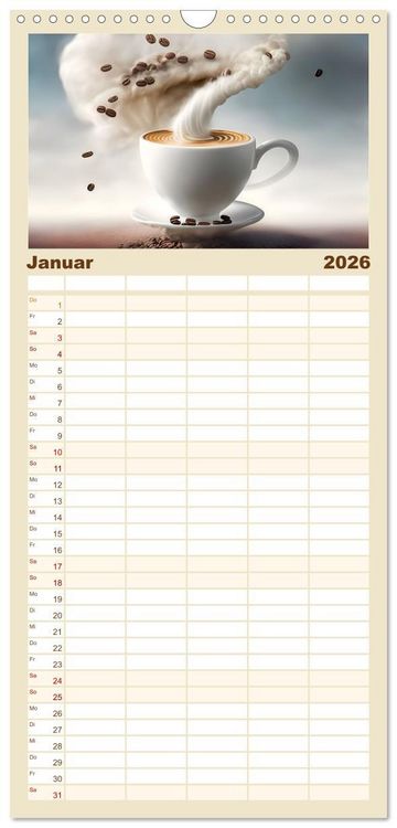 Produktbild: Familienplaner 2026 - Kaffe mal anders geniessen mit 5 Spalten (Wandkalender, 21 x 45 cm) CALVENDO