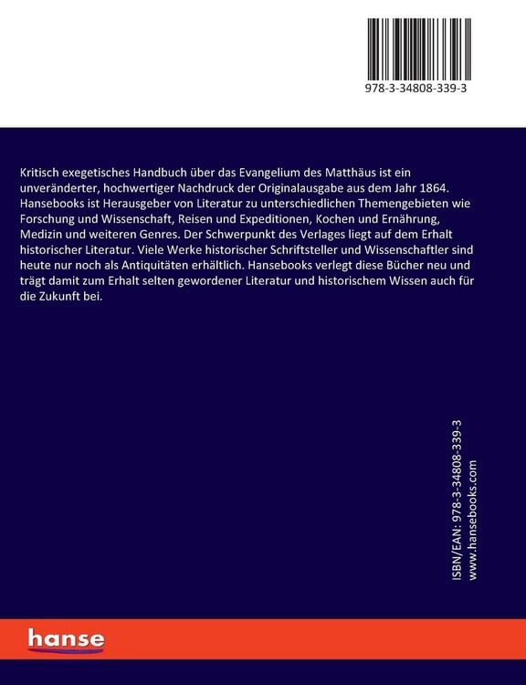 Produktbild: Kritisch exegetisches Handbuch &uuml;ber das Evangelium des Matth&auml;us