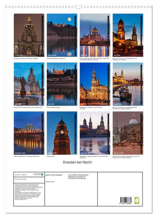 Produktbild: Dresden bei Nacht (Wandkalender 2026 DIN A2 hoch), CALVENDO Monatskalender
