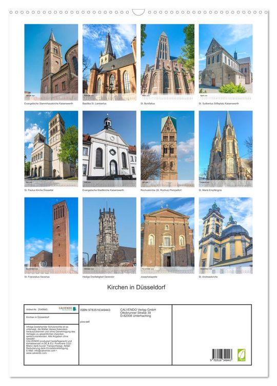 Produktbild: Kirchen in D&uuml;sseldorf (Wandkalender 2026 DIN A2 hoch), CALVENDO Monatskalender