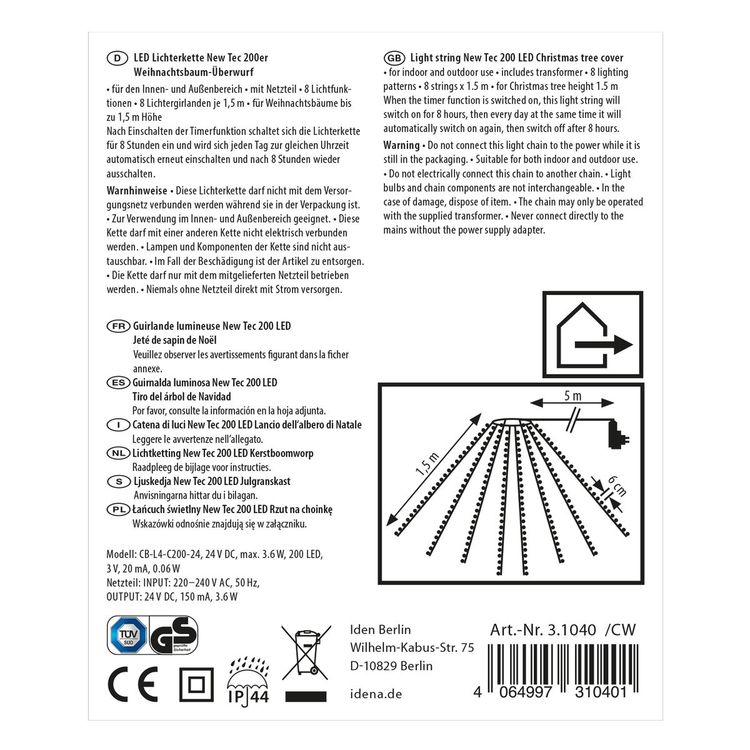 Produktbild: Idena Lichterkette NewTec Weihnachtsbaum-Überwurf 200 LED warmweiß für Innen & Außen