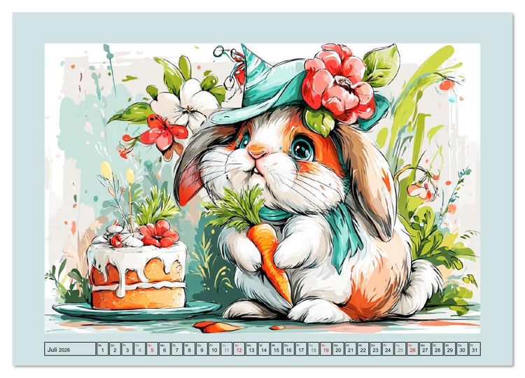 Produktbild: Kaninchen im Gl&uuml;ck. Entz&uuml;ckende Cartoons von s&uuml;&szlig;en Hasen (Wandkalender 2026 DIN A2 quer), CALVENDO Monatskalender