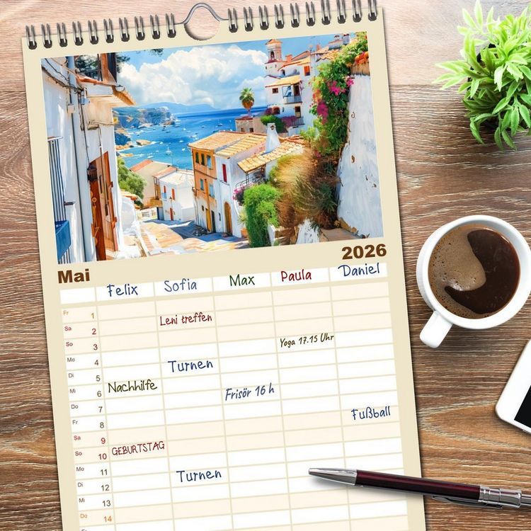 Produktbild: Familienplaner 2026 - Mediterrane Landschaften mit 5 Spalten (Wandkalender, 21 x 45 cm) CALVENDO