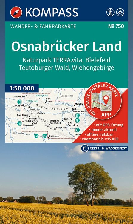 Produktbild: KOMPASS Wanderkarte 750 Osnabr&uuml;cker Land, NP TERRA.vita, Bielefeld, Teutoburger Wald, Wiehengeb. 1:50.000