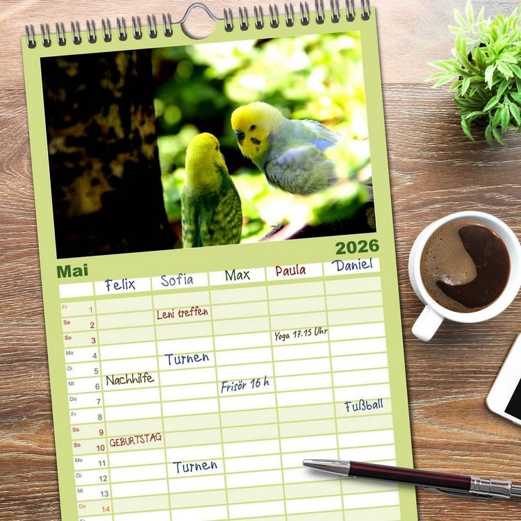 Produktbild: Familienplaner 2026 - Wellensittiche - Naturkalender mit 5 Spalten (Wandkalender, 21 x 45 cm) CALVENDO