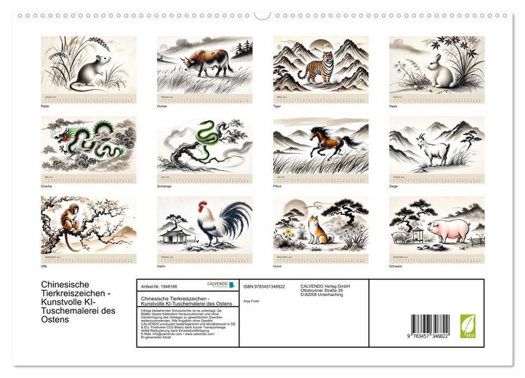 Produktbild: Chinesische Tierkreiszeichen - Kunstvolle KI-Tuschemalerei des Ostens (hochwertiger Premium Wandkalender 2026 DIN A2 quer), Kunstdruck in Hochglanz