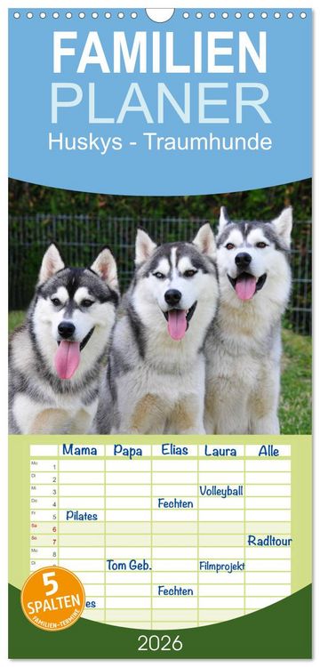 Produktbild: Familienplaner 2026 - Huskys - Traumhunde mit 5 Spalten (Wandkalender, 21 x 45 cm) CALVENDO