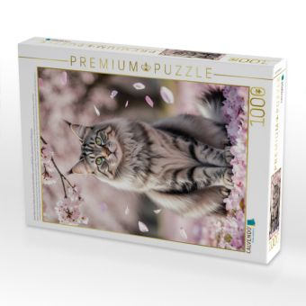 Produktbild: CALVENDO Puzzle Eine Maine Coon Katze sitzt zwischen Kirschbl&uuml;ten und strahlt Ruhe und Anmut im Fr&uuml;hling aus. | 1000 Teile Lege-Gr&ouml;&szlig;e 64x48cm Foto-Puz