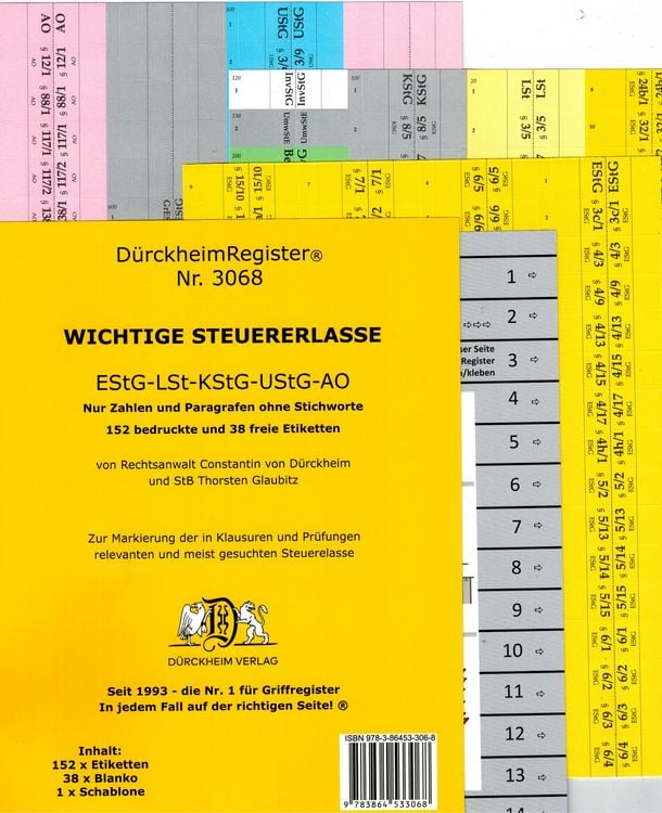 Produktbild: D&uuml;rckheimRegister&reg; STEUERERLASSE Gesetze und &sect;&sect;, OHNE Stichworte