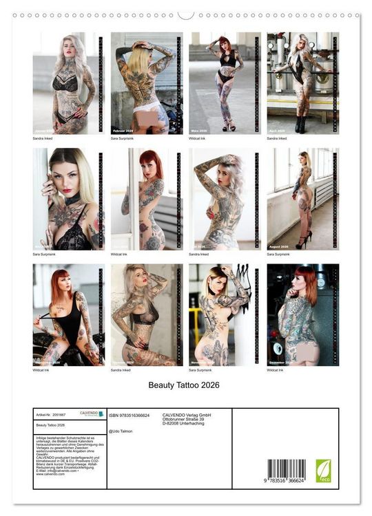 Produktbild: Beauty Tattoo 2026 (Wandkalender 2026 DIN A2 hoch), CALVENDO Monatskalender