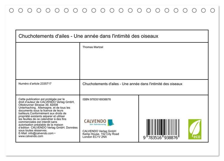Produktbild: Chuchotements d'ailes - Une ann&eacute;e dans l'intimit&eacute; des oiseaux (Calendrier de bureau 2027 DIN A5 vertical), CALVENDO calendrier mensuel
