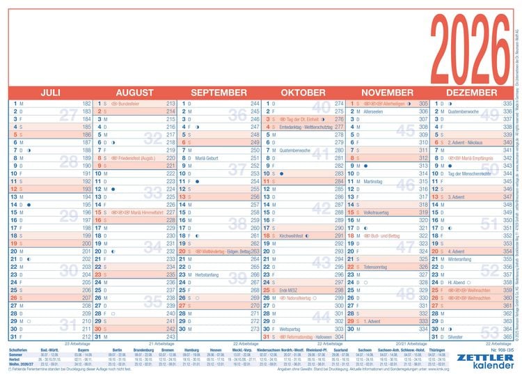 Produktbild: Arbeitstagekalender 2026 - A4 (29 x 21 cm) - 6 Monate auf 1 Seite - Tafelkalender - auf Pappe kaschiert - Jahresplaner - 908-1315