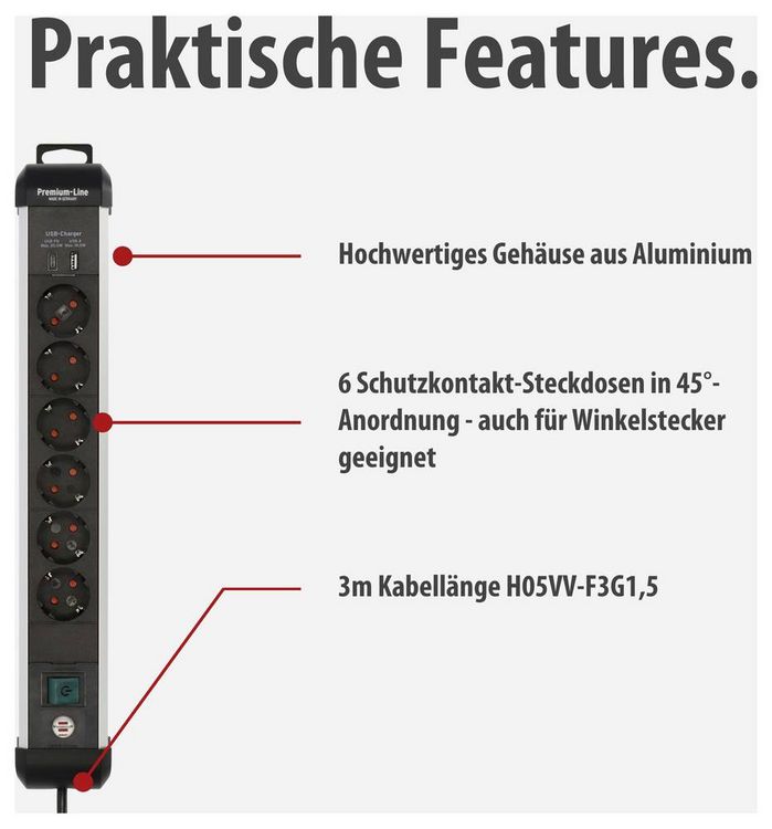 Produktbild: Brennenstuhl 1391030611 Steckdosenleiste mit Schalter Silber, Schwarz Schutzkontakt 1St.