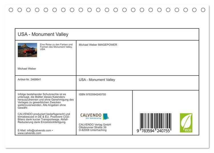 Produktbild: USA - Monument Valley (Tischkalender 2027 DIN A5 quer), CALVENDO Monatskalender