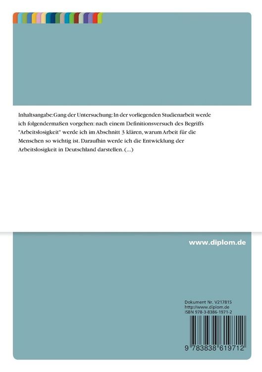 Produktbild: Arbeitslosigkeit in Deutschland 1998