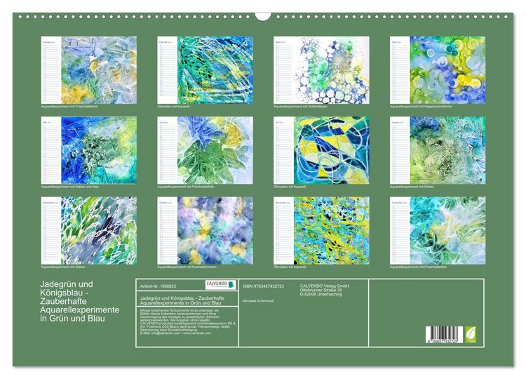 Produktbild: Jadegr&uuml;n und K&ouml;nigsblau - Zauberhafte Aquarellexperimente in Gr&uuml;n und Blau (Wandkalender 2026 DIN A2 quer), CALVENDO Monatskalender