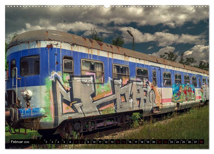 Produktbild: Lokomotiven und Wagen - Verfallen und vergessen auf dem Abstellgleis (Wandkalender 2026 DIN A2 quer), CALVENDO Monatskalender