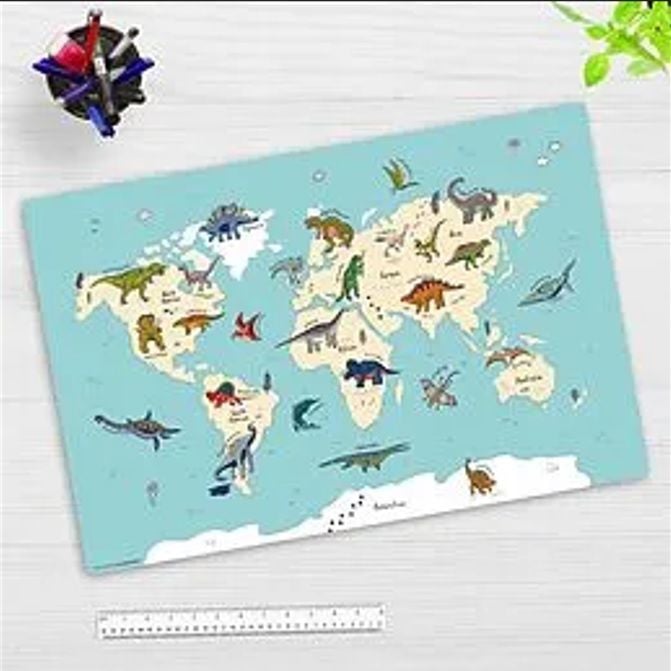 Produktbild: Cover-your-desk Schreibtischunterlage f&uuml;r Kinder Dinosaurier Weltkarte, aus hochwertigem Vinyl, 60 x 40 cm