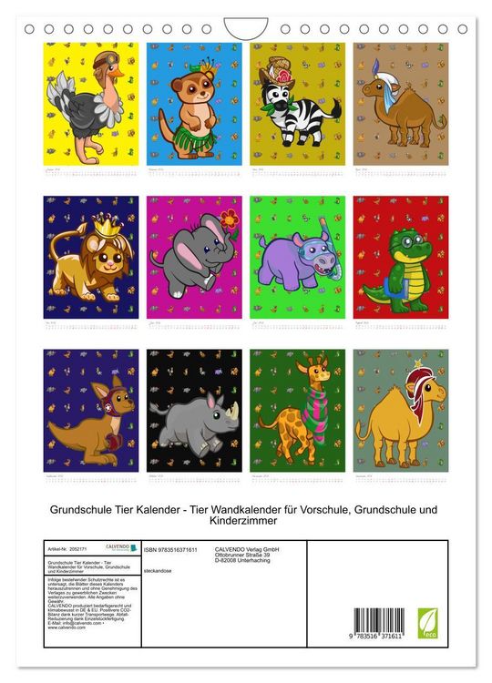 Produktbild: Grundschule Tier Kalender - Tier Wandkalender f&uuml;r Vorschule, Grundschule und Kinderzimmer (Wandkalender 2026 DIN A4 hoch), CALVENDO Monatskalender