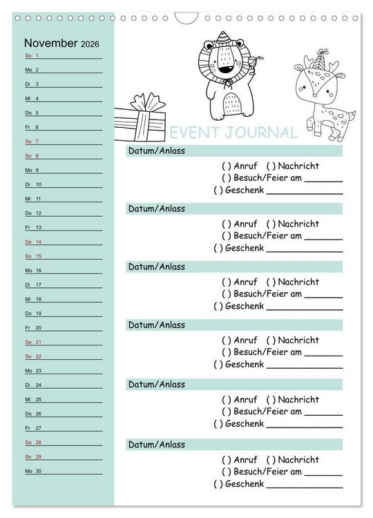 Produktbild: Geburtstagsplaner Doodle Tiere - F&uuml;r Termine, Geschenke, Eventdetails & mehr (Wandkalender 2026 DIN A3 hoch), CALVENDO Monatskalender