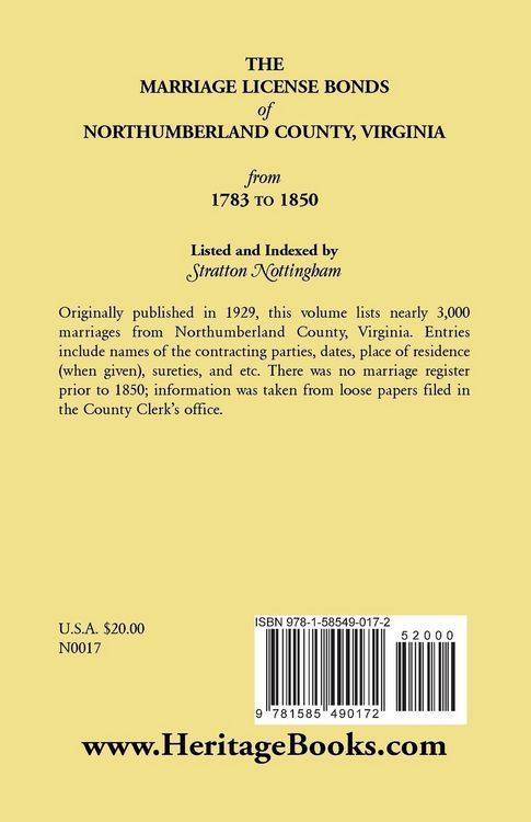 Produktbild: Marriage License Bonds of Northumberland County, Virginia