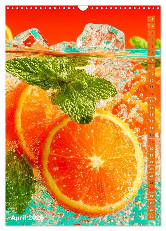 Produktbild: Fruchtige Erfrischung - K&uuml;chenkalender mit bunten Fr&uuml;chten im Wasser (Wandkalender 2026 DIN A3 hoch), CALVENDO Monatskalender