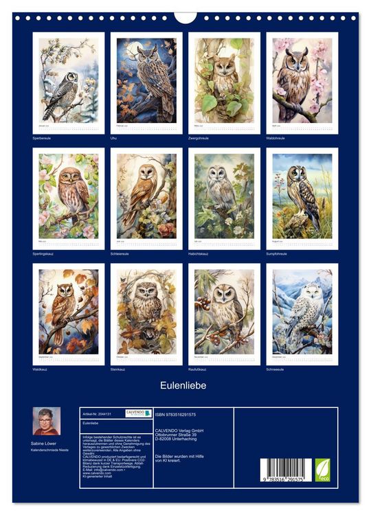 Produktbild: Eulenliebe (Wandkalender 2026 DIN A3 hoch), CALVENDO Monatskalender