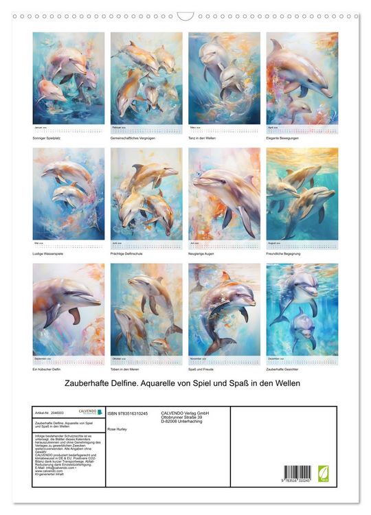 Produktbild: Zauberhafte Delfine. Aquarelle von Spiel und Spa&szlig; in den Wellen (Wandkalender 2026 DIN A2 hoch), CALVENDO Monatskalender
