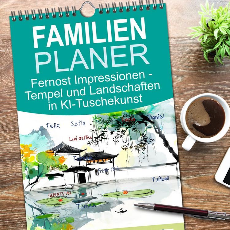 Produktbild: Familienplaner 2026 - Fernost Impressionen - Tempel und Landschaften in KI-Tuschekunst mit 5 Spalten (Wandkalender, 21 x 45 cm) CALVENDO