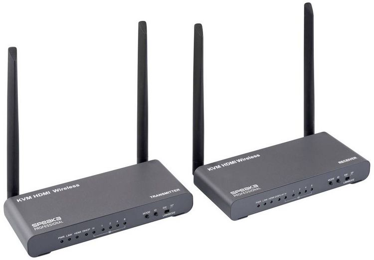 Produktbild: SpeaKa Professional SP-HDE-620 HDMI-Funk&uuml;bertragung (Set) 100 m 5 GHz 3840 x 2160 Pixel KVM-Funktion (Tastatur, Bildschirm, Maus), mit Loop-Funktion