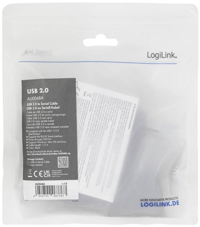 Produktbild: LogiLink Seriell Adapter [1x USB 2.0 Stecker A - 1x D-SUB-Stecker 9pol.] 1.5m Schwarz