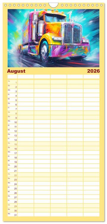 Produktbild: Familienplaner 2026 - Langhauber Paintings. Trucks in lebendigen Farben mit 5 Spalten (Wandkalender, 21 x 45 cm) CALVENDO
