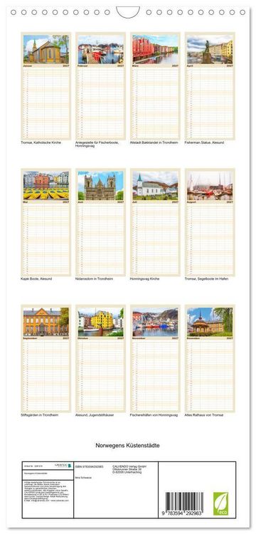 Produktbild: Familienplaner 2027 - Norwegens K&uuml;stenst&auml;dte mit 5 Spalten (Wandkalender, 21 x 45 cm) CALVENDO