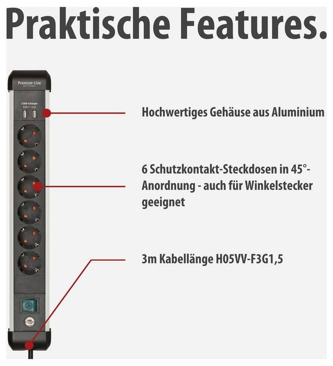 Produktbild: Brennenstuhl 1391030610 Steckdosenleiste mit Schalter Silber, Schwarz Schutzkontakt 1St.