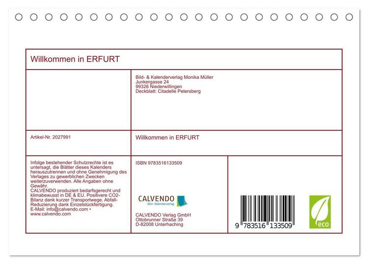 Produktbild: Willkommen in ERFURT (Tischkalender 2026 DIN A5 quer), CALVENDO Monatskalender