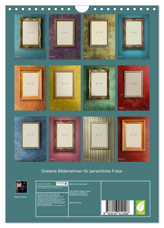 Produktbild: Goldene Bilderrahmen f&uuml;r pers&ouml;nliche Fotos (Wandkalender 2026 DIN A4 hoch), CALVENDO Monatskalender