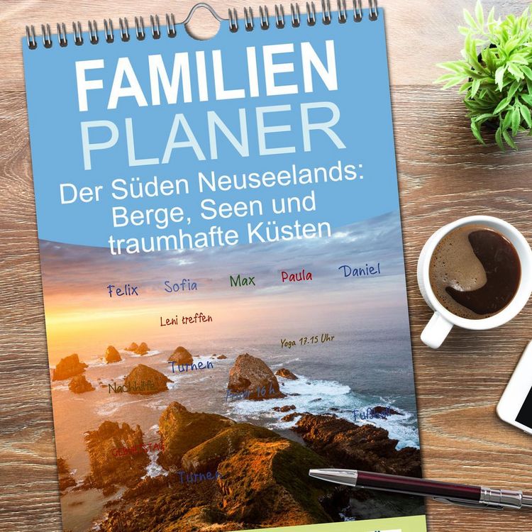 Produktbild: Familienplaner 2026 - Der S&uuml;den Neuseelands: Berge, Seen und traumhafte K&uuml;sten mit 5 Spalten (Wandkalender, 21 x 45 cm) CALVENDO