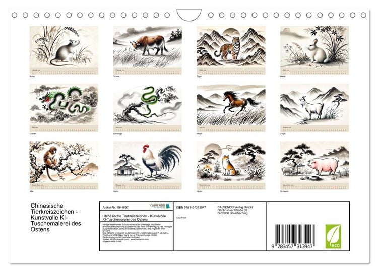 Produktbild: Chinesische Tierkreiszeichen - Kunstvolle KI-Tuschemalerei des Ostens (Wandkalender 2026 DIN A4 quer), CALVENDO Monatskalender