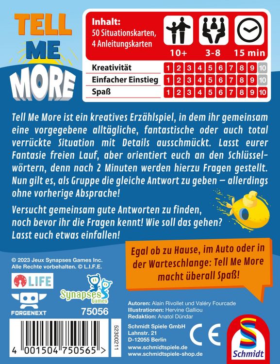 Produktbild: TELL ME MORE ist ein kreatives Erz&auml;hlspiel, in dem ihr gemeinsam eine vorgegebene allt&auml;gliche, fantastische oder auch total verr&uuml;ckte Situation mit Details ausschm&uuml;ckt. Lasst eurer Fantasie freien Lauf, aber orientiert euch an den Schl&uuml;sselw&ouml;rtern..