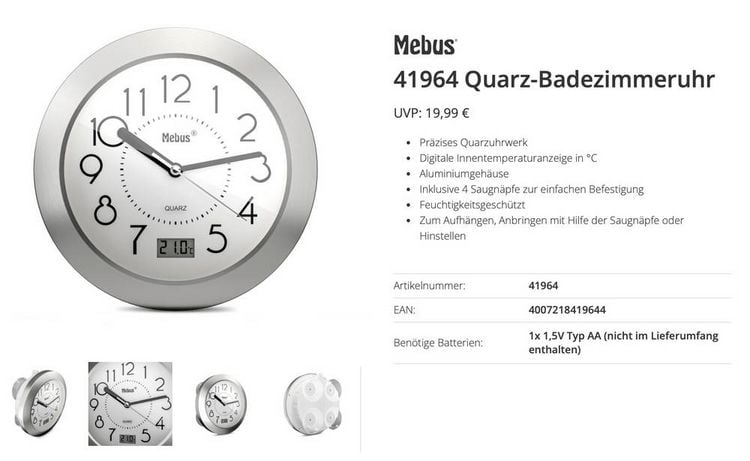 Produktbild: Mebus 41964 Quarz Wanduhr Aluminium Badezimmer-/Feuchtraum geeignet