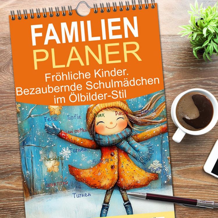 Produktbild: Familienplaner 2026 - Fr&ouml;hliche Kinder. Bezaubernde Schulm&auml;dchen im &Ouml;lbilder-Stil mit 5 Spalten (Wandkalender, 21 x 45 cm) CALVENDO