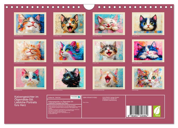 Produktbild: Katzengesichter im &Ouml;lgem&auml;lde-Stil. Liebliche Portraits f&uuml;rs Herz (Wandkalender 2026 DIN A4 quer), CALVENDO Monatskalender