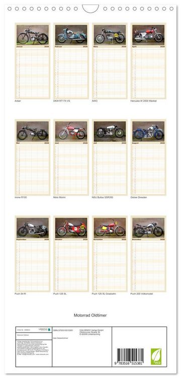 Produktbild: Familienplaner 2026 - Motorrad Oldtimer mit 5 Spalten (Wandkalender, 21 x 45 cm) CALVENDO