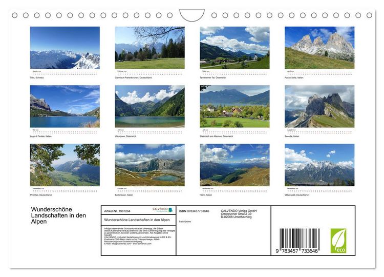 Produktbild: Wundersch&ouml;ne Landschaften in den Alpen (Wandkalender 2026 DIN A4 quer), CALVENDO Monatskalender