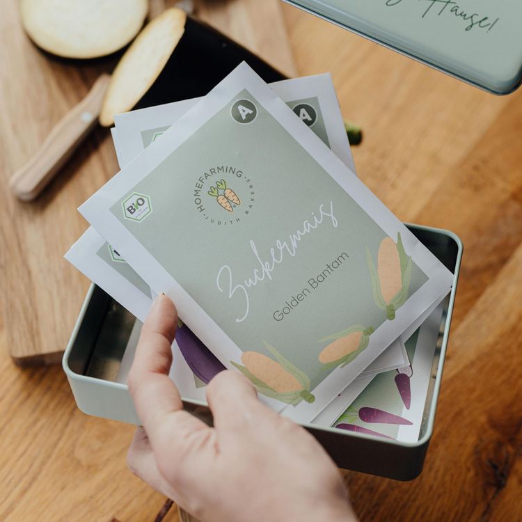 Produktbild: Saatgut Bio-Saatgutbox Grillgem&uuml;se in Wei&szlig;blechdose, mit 6 Sorten