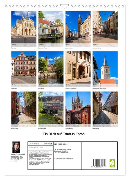 Produktbild: Ein Blick auf Erfurt in Farbe (Wandkalender 2027 DIN A3 hoch), CALVENDO Monatskalender