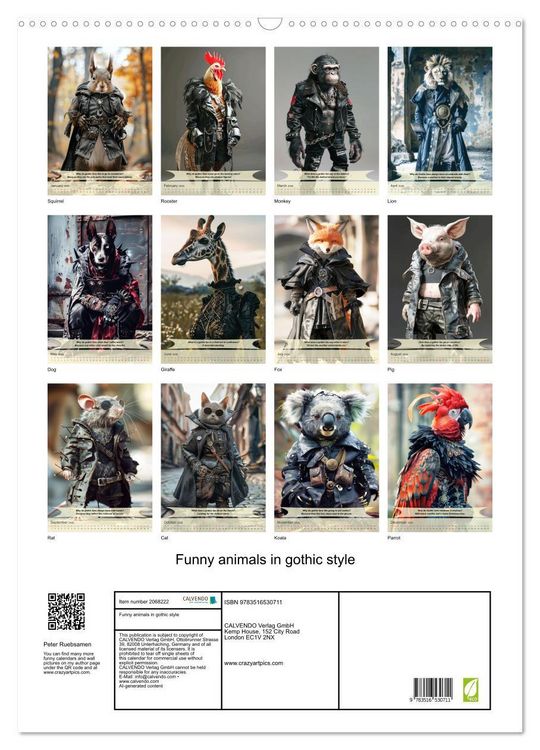 Produktbild: Funny animals in gothic style (Wall Calendar 2026 DIN A2 portrait), CALVENDO 12 Month Wall Calendar