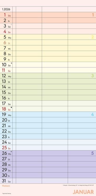 Produktbild: Superplaner Farbenfroh 2026 - Familien-Timer 22x45 cm - mit Ferienterminen - 3 Spalten - Wand-Planer - mit vielen Zusatzinformationen - Alpha Edition