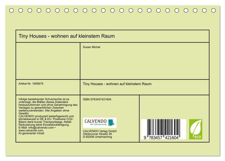 Produktbild: Tiny Houses - wohnen auf kleinstem Raum (Tischkalender 2026 DIN A5 quer), CALVENDO Monatskalender