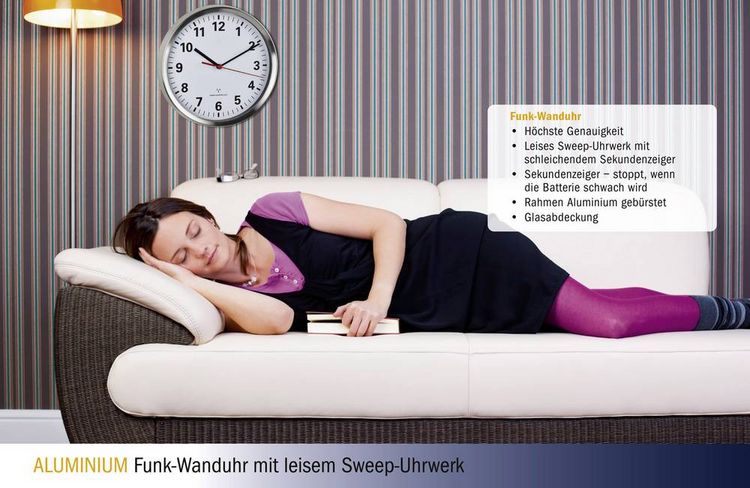 Produktbild: TFA Dostmann 60.3529.02 Funk Wanduhr 22 cm x 45 mm Aluminium Leisegang-Uhrwerk, Energiesparfunktion